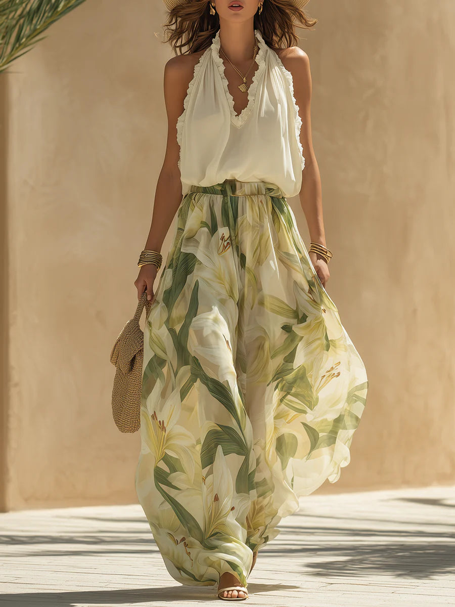 Alessia™ | Chiffon Ruffle Top and Lily Print Pants Set