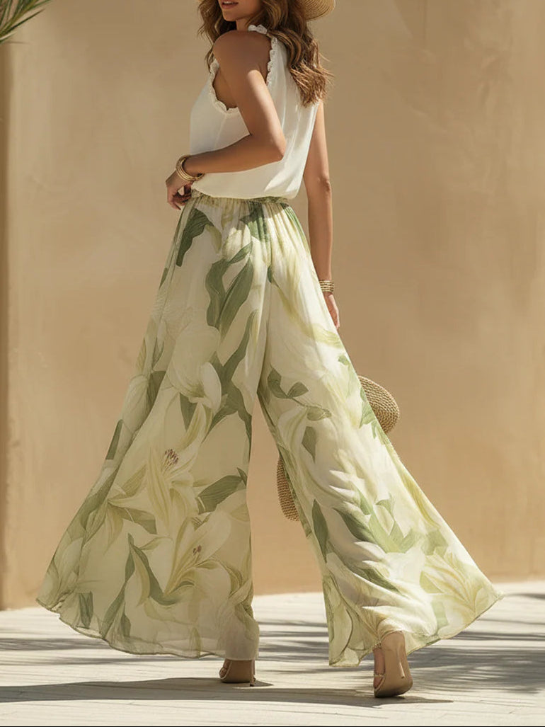 Alessia™ | Chiffon Ruffle Top and Lily Print Pants Set