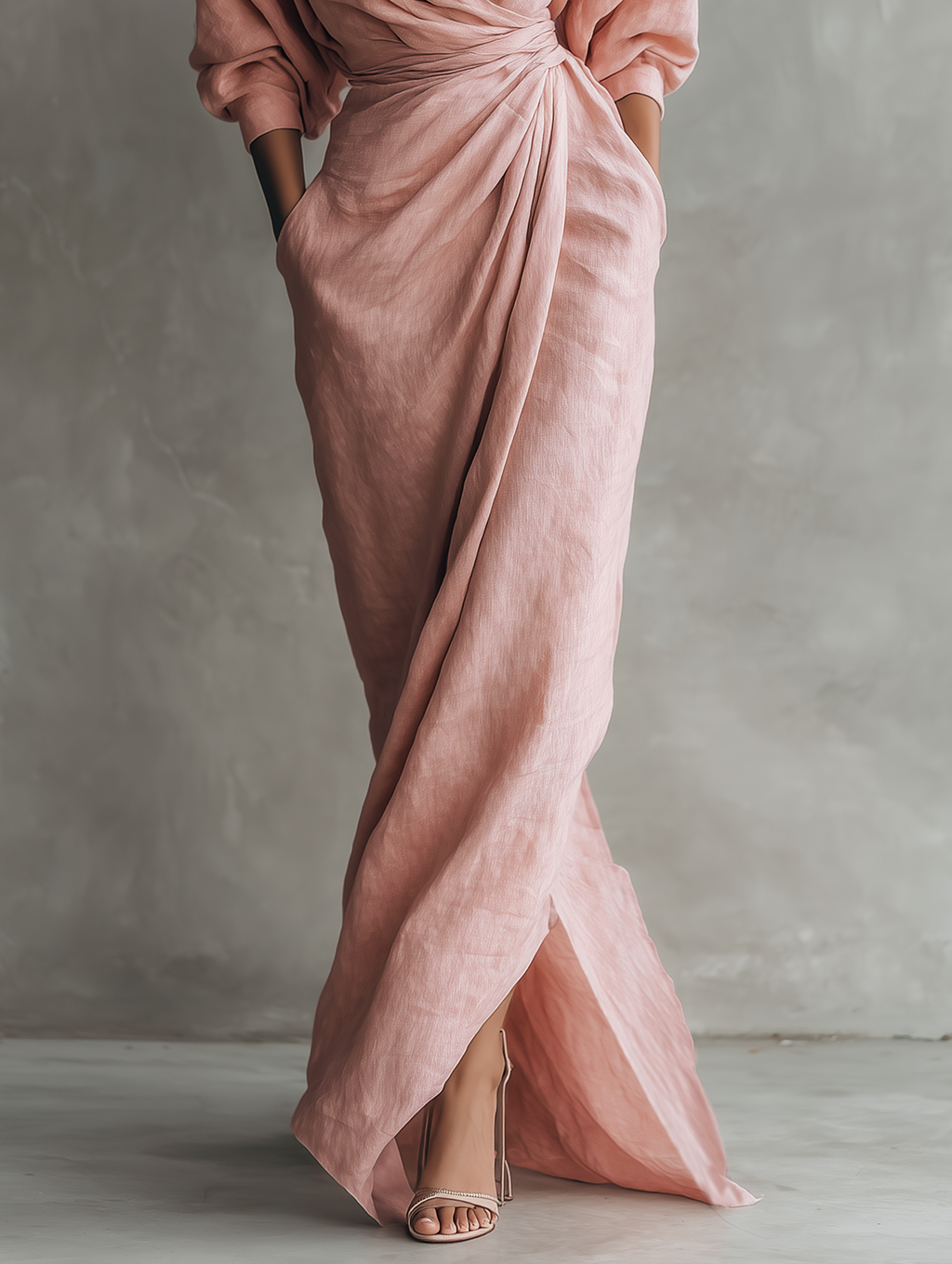 Taylor - Women's Pink Minimalist Linen Blend V-Neck Maxi Dress