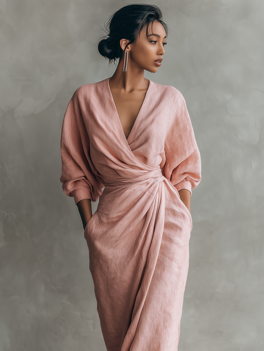 Taylor - Women's Pink Minimalist Linen Blend V-Neck Maxi Dress