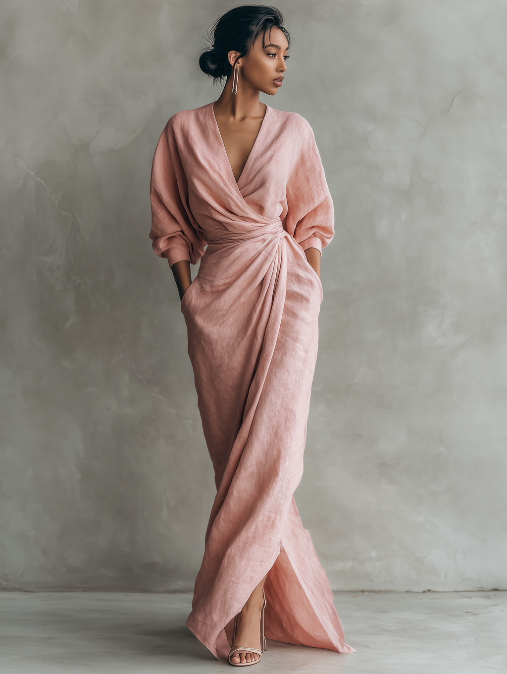 Taylor - Women's Pink Minimalist Linen Blend V-Neck Maxi Dress