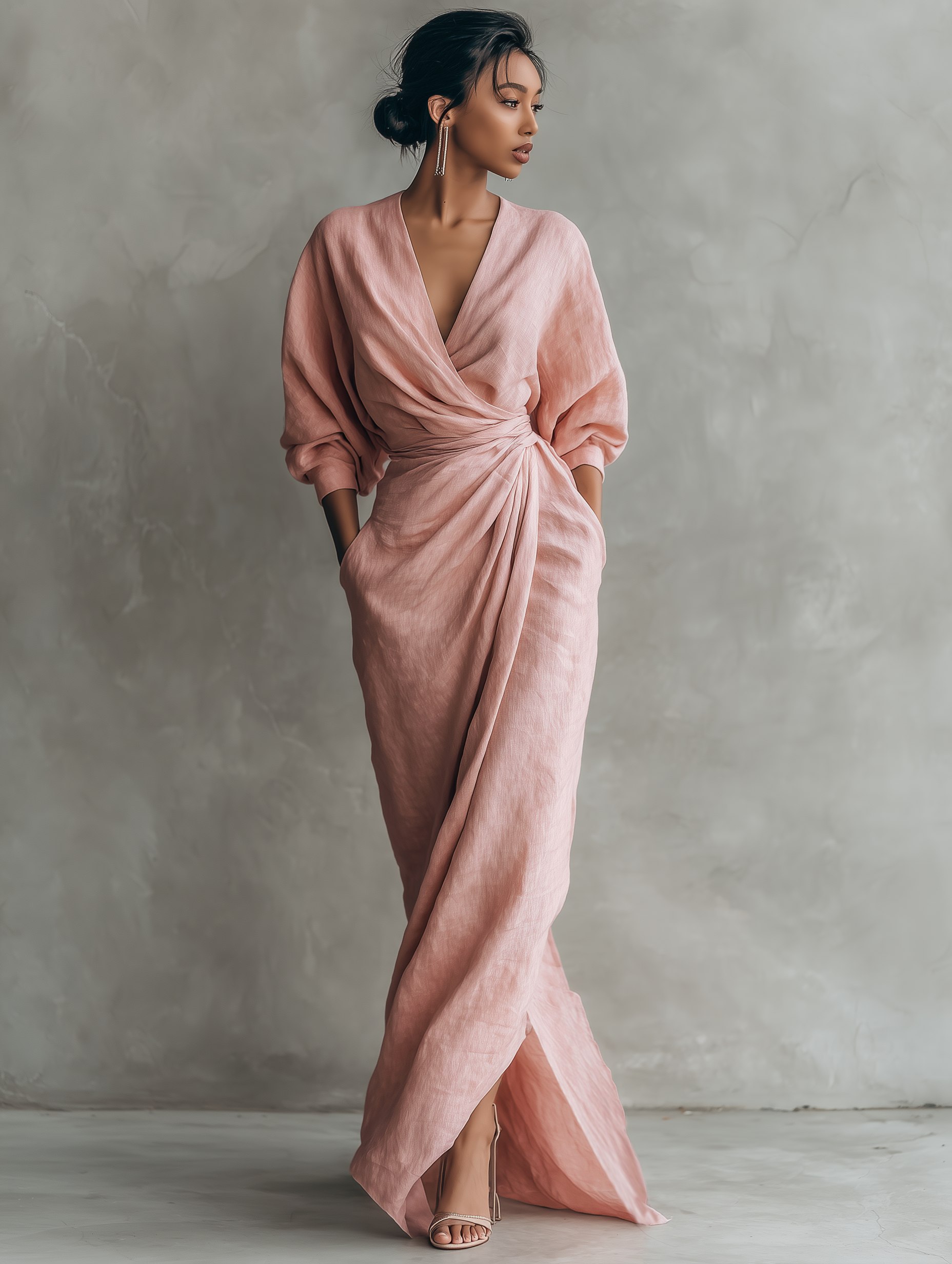 Taylor - Women's Pink Minimalist Linen Blend V-Neck Maxi Dress