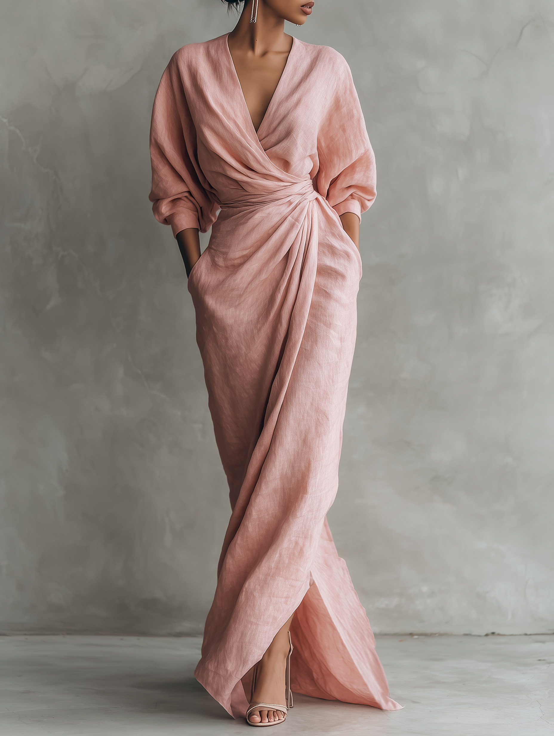 Taylor - Women's Pink Minimalist Linen Blend V-Neck Maxi Dress