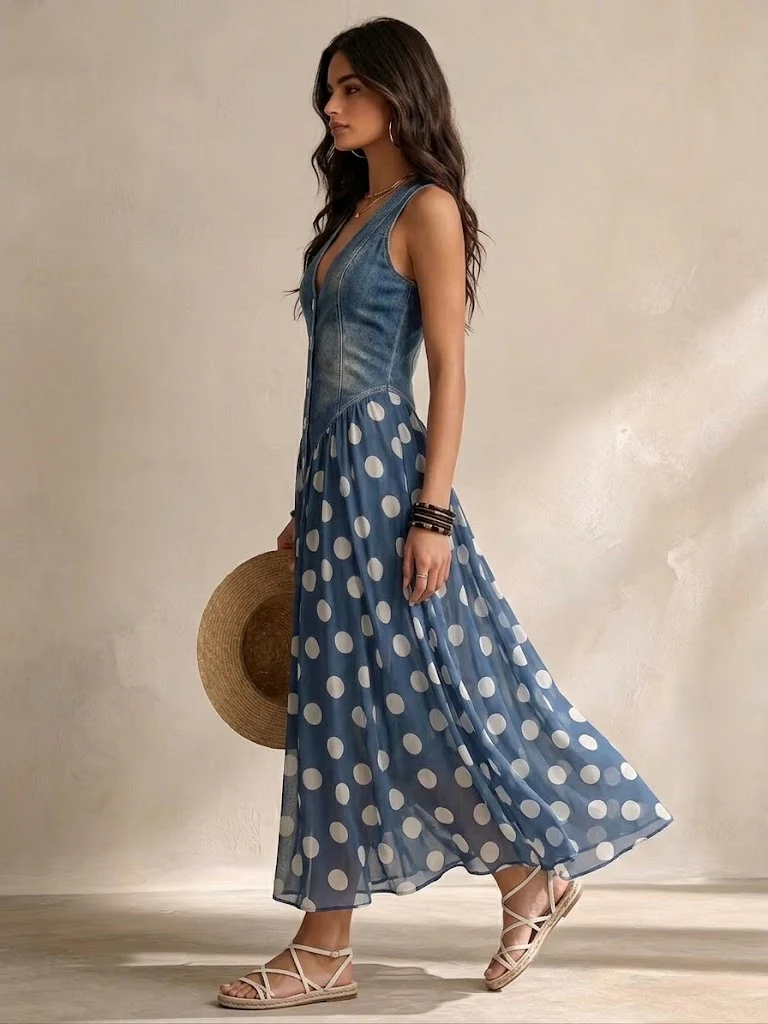 Brenda | Elegant Denim Dress with Polka-Dot Chiffon Skirt