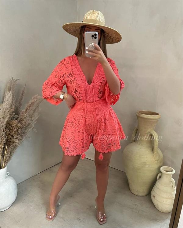 V-neck Lace Short Set