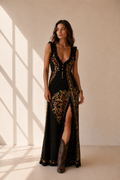 Bohemian Style Printed Dress with Deep V-Neck and High Slit
