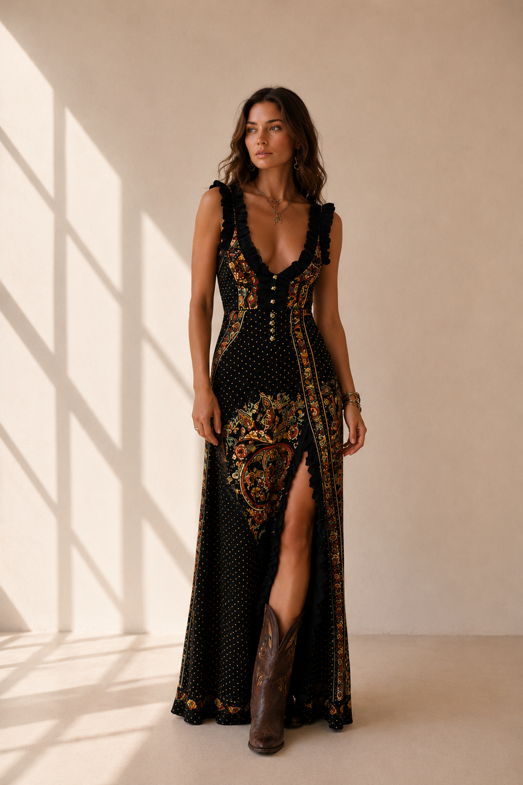 Bohemian Style Printed Dress with Deep V-Neck and High Slit