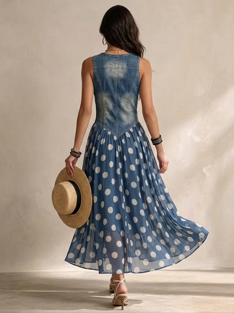 Brenda | Elegant Denim Dress with Polka-Dot Chiffon Skirt