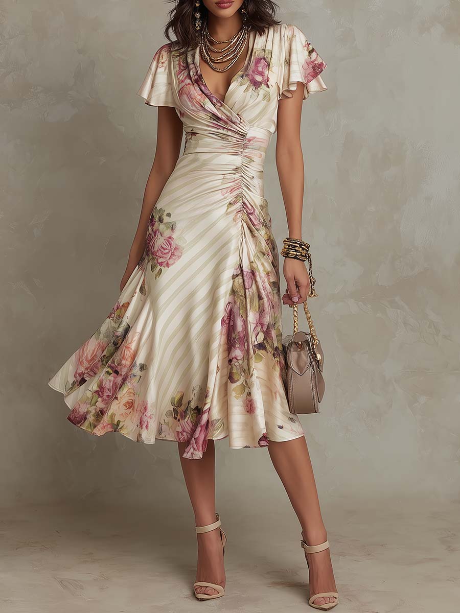 Sibanna · Vintage Floral Midi Dress in Ivory Chiffon