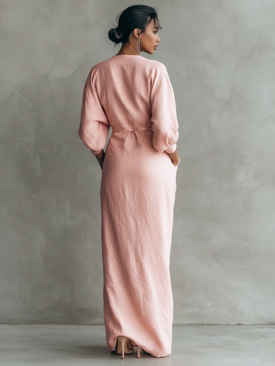 Taylor - Women's Pink Minimalist Linen Blend V-Neck Maxi Dress