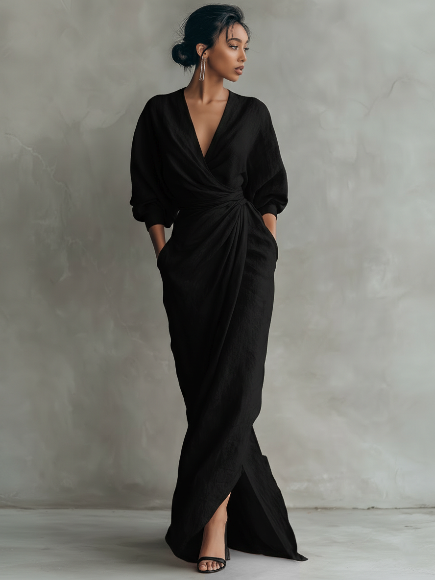 Taylor - Women's Pink Minimalist Linen Blend V-Neck Maxi Dress