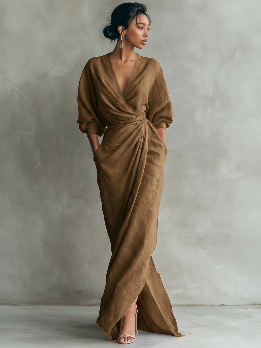 Taylor - Women's Pink Minimalist Linen Blend V-Neck Maxi Dress