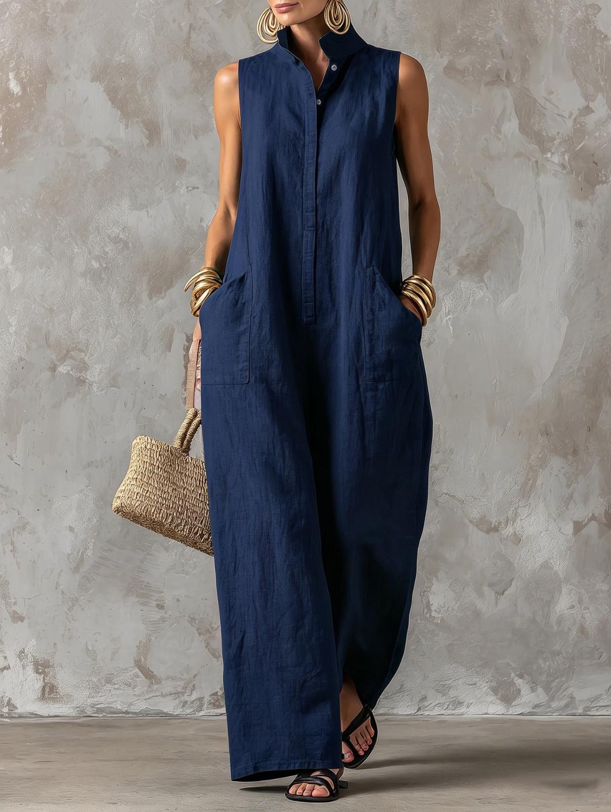 Claire - Women's Minimalist Wide-Leg Linen Blend Jumpsuit