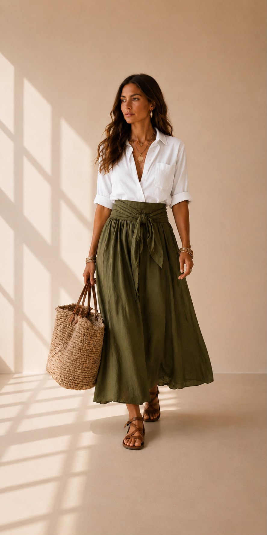 Vera™ | Two-Piece Set: Black Top and Olive Green Midi Skirt