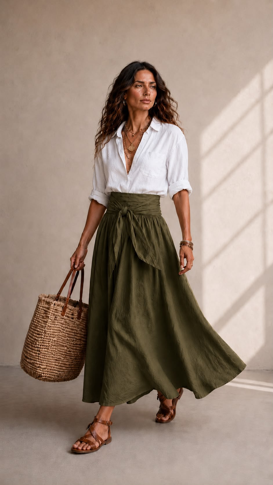 Vera™ | Two-Piece Set: Black Top and Olive Green Midi Skirt