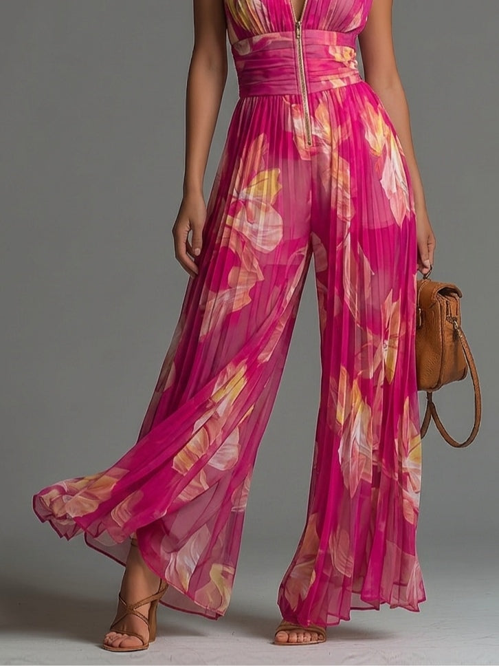 Nicole - Fuchsia floral print pleated chiffon jumpsuit
