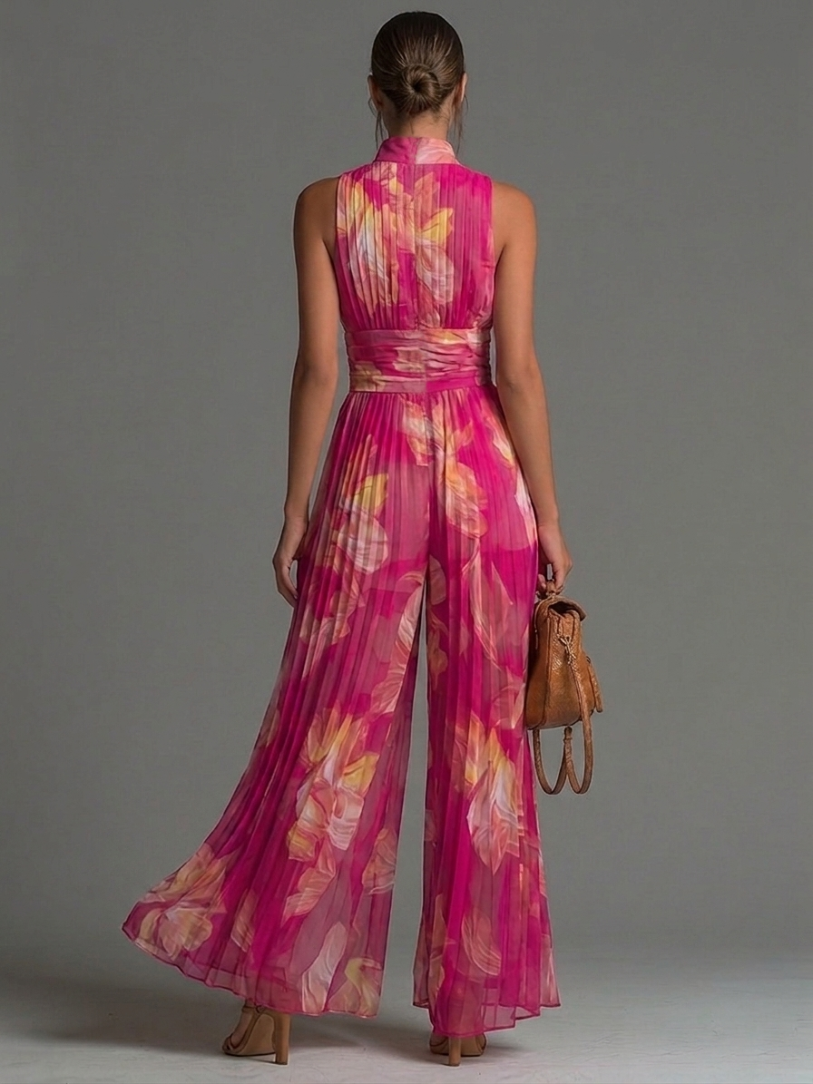 Nicole - Fuchsia floral print pleated chiffon jumpsuit