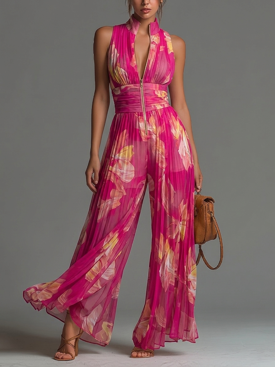 Nicole - Fuchsia floral print pleated chiffon jumpsuit