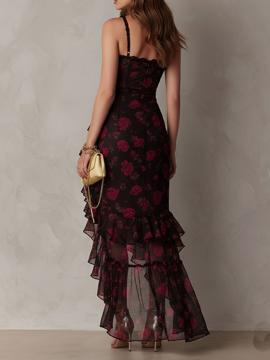 Chic Black and Red Floral Dress with Shirring and Ruffle Hem