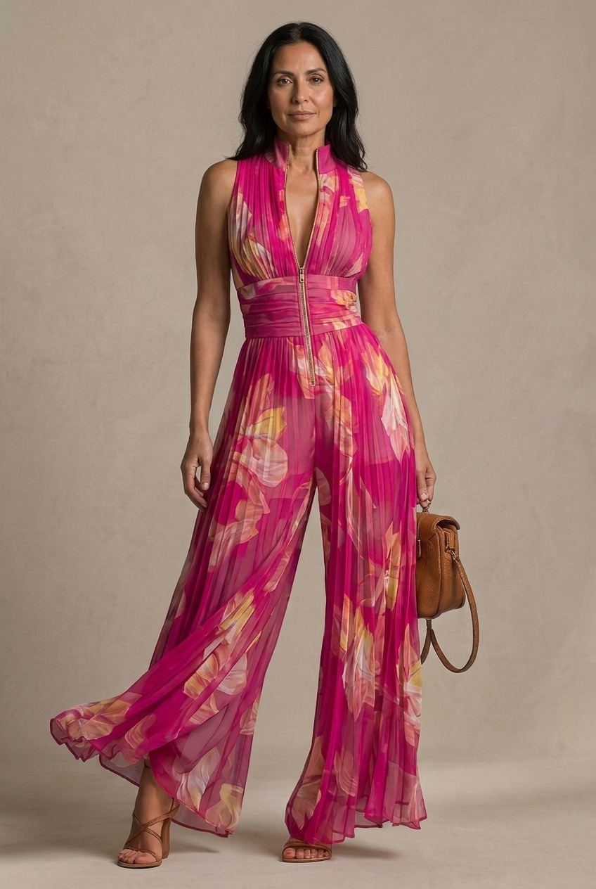 Nicole - Fuchsia floral print pleated chiffon jumpsuit